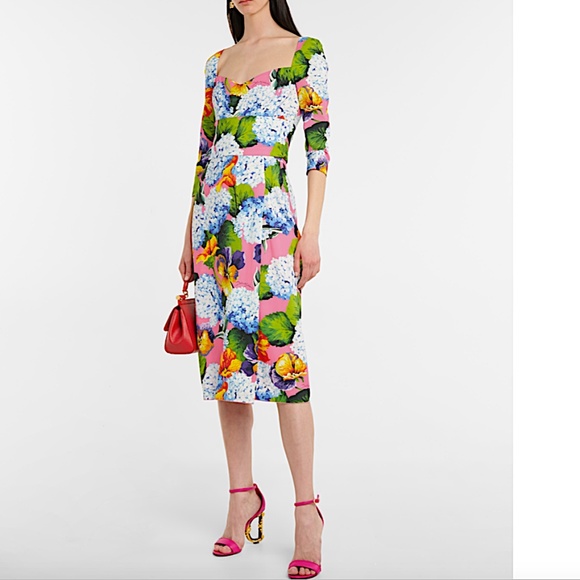 Hydrangea Print Long Sleeve Cady Midi Dress DOLCE&GABBANA - Picture 1 of 15